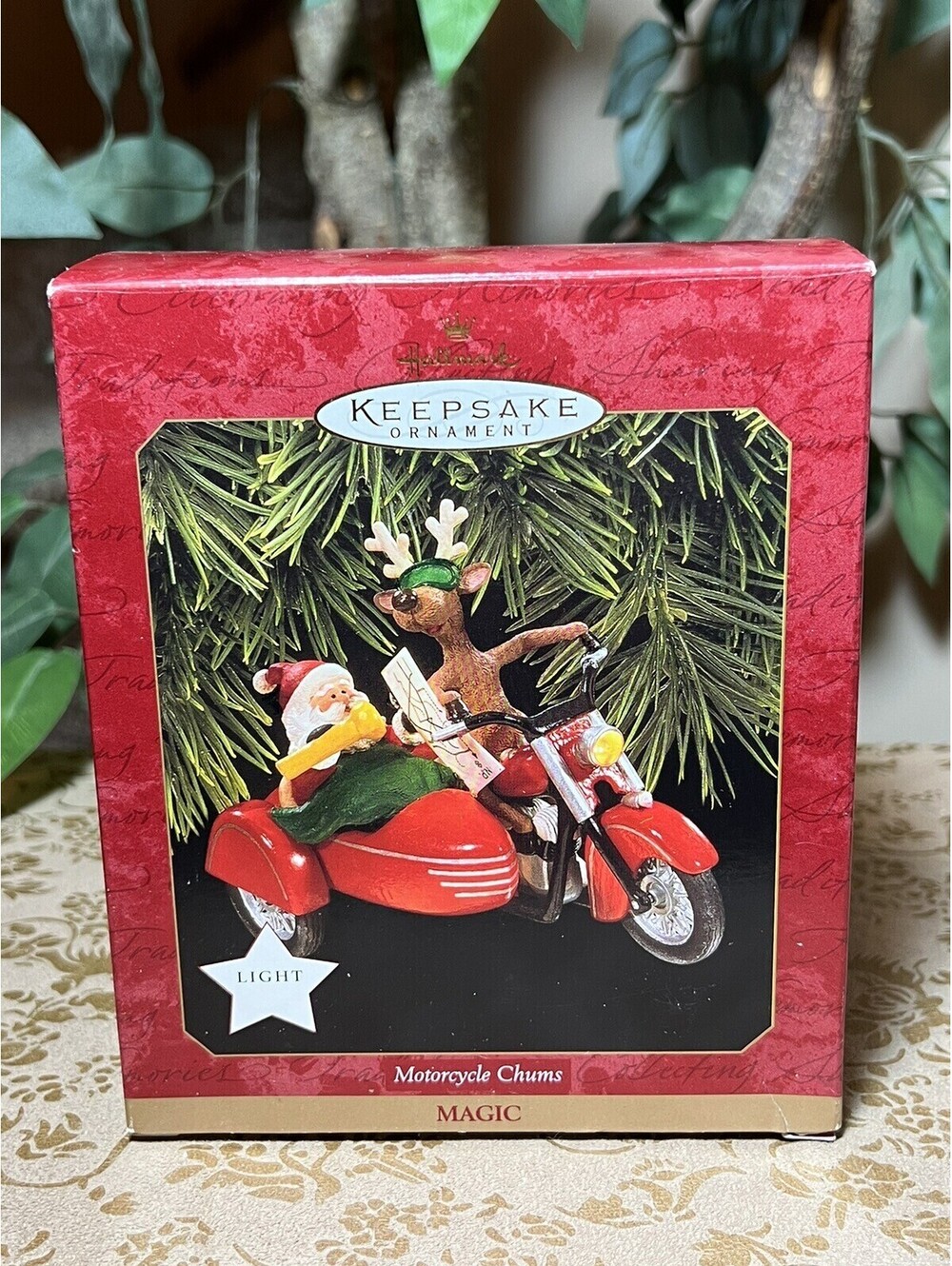 Hallmark Motorcycle Chums Magic Ornament Santa and Reindeer Light 1997